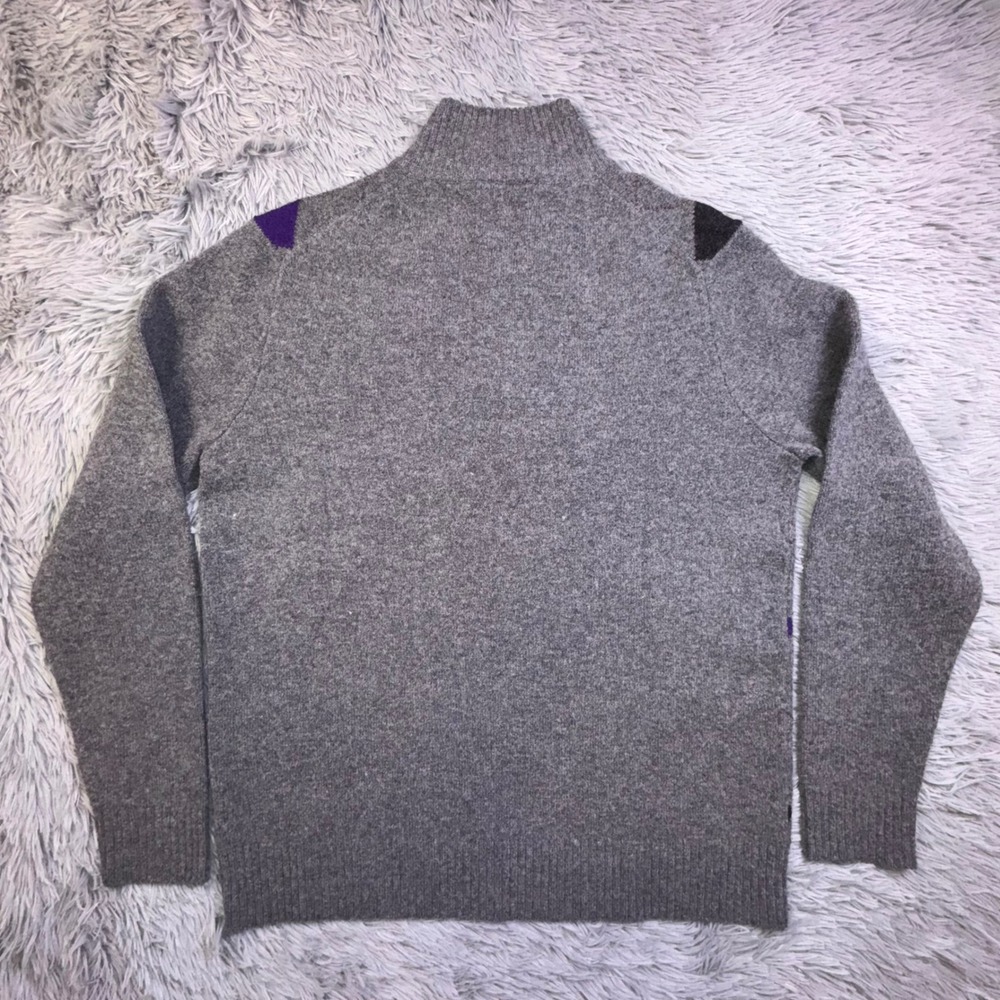 J.Crew Mens Large Lambswool Argyle Quarter Zip Sweater Elbow Patches Gray Purple - Picture 8 of 10